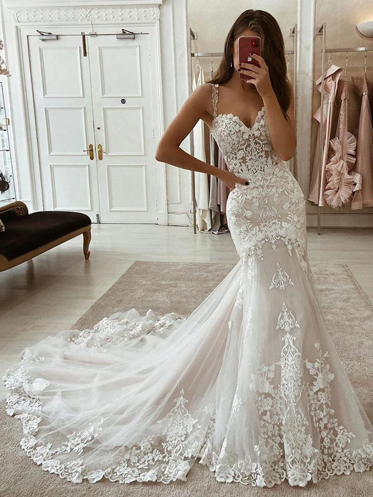 LORIE Ivory Mermaid Wedding Dresses Lace Appliques Tulle Bridal Gowns with Train Sweetheart Spaghetti Straps Vintage Gowns 2021 second hand wedding dresses