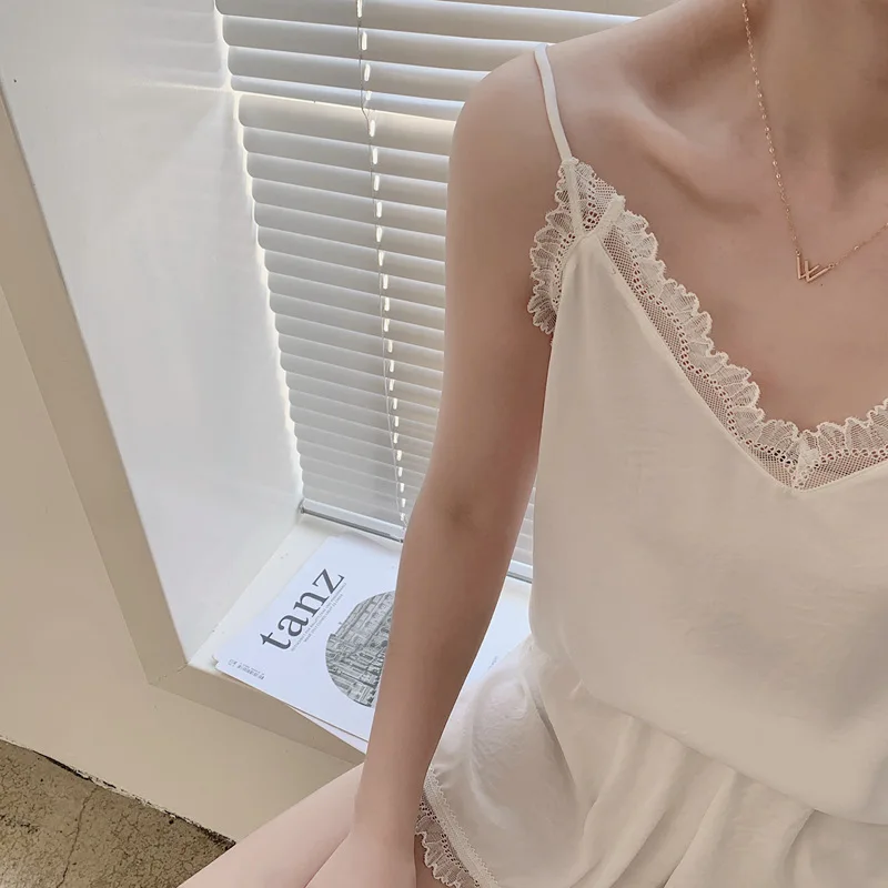 2020 Summer thin section frosted silk Pyjamas Women sling 2 piece set sexy lace ladies summer home service