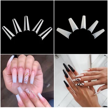 

504Pcs Coffin Shaped Ballerina False Nail Tips C Curve Half Cover 12 Size Clear Natural