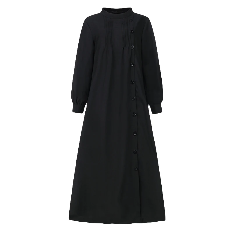 Винтажное льняное платье, женская мода, длинная рубашка, vestidos robe cellumia, осень, рукав-фонарик, женское повседневное свободное платье на пуговицах, 7 - Цвет: Черный