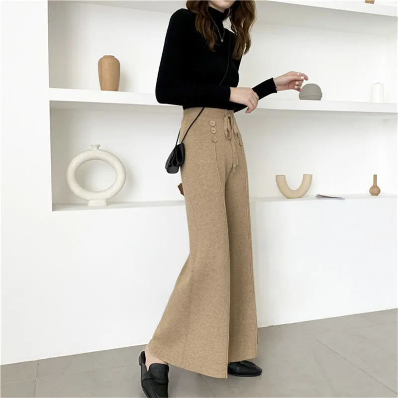 BGTEEVER Winter Buttons Lace-up Knitted Pants Women High Waist Women Sweater Pants Casual Loose Knitting Trousers Female