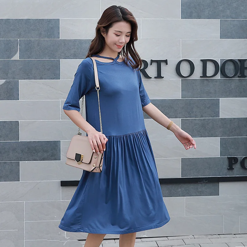

Short-sleeve Dress Exposed Shoulder Sexy Large Size Dress Loose-Fit Slimming Pleated Skirt Outer Wear Mid-length Pregnant Women