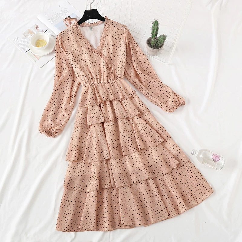 

2019 Spring New V-Neck Dot Chiffon Dresses Cake Long Sleeve Long Dress Fashion Casual Women Dresses LJ2242