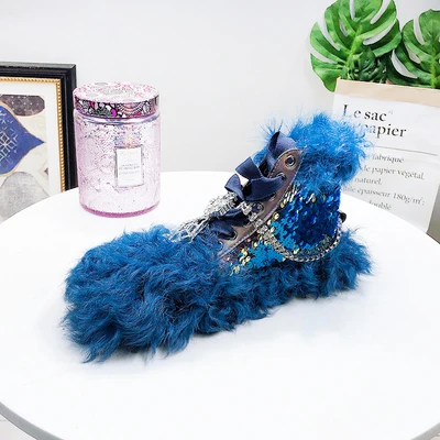 Blue Женские зимние ботинки Зимние Модные блестки стразы; женская обувь на плоской подошве на меху женская зимняя обувь Женская зимняя обувь; ботинки; ботильоны - Цвет: Blue