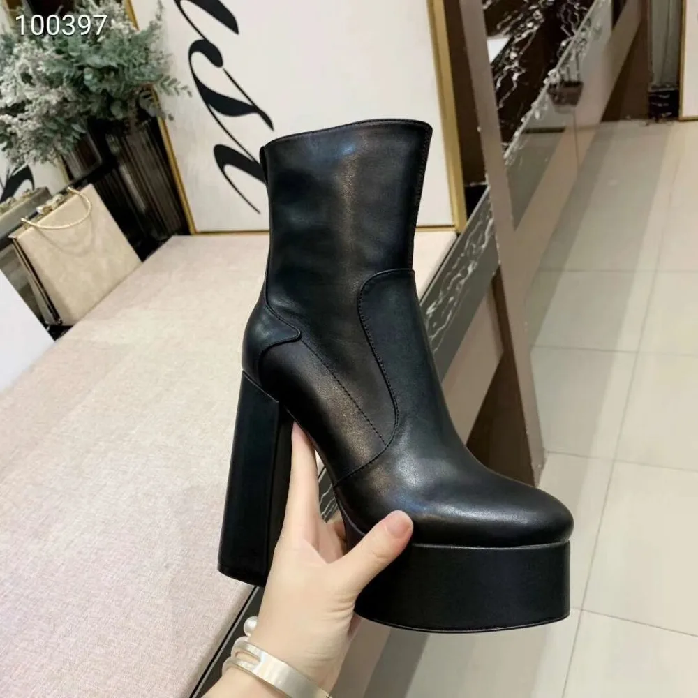 Real Leather Boots Women Fashion High Heel Zipper Ankle Boots Ladies Sexy Leopard Boots Platform Party Shoes