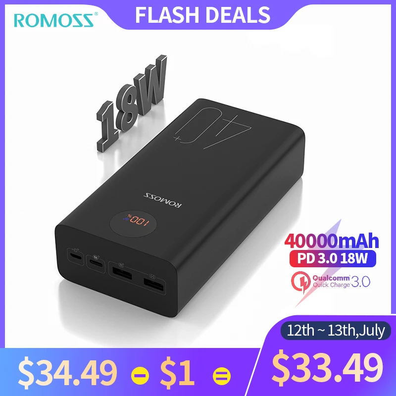  ROMOSS Zeus 40000mAh Power Bank 18W PD QC 3,0 Двусторонняя Быстрая зарядка Powerbank Type-C Внешнее зарядное устройство для iPhone Xiaomi 