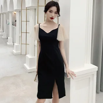 

Female Noble Black Sexy A-line Elegant Evening Party Dress Noble Mesh Chinese Dresses Cheongsam Beads Qipao Vestidos De Festa