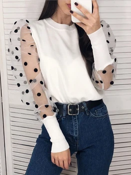 

women blouse shirts knitted sweater puff long sleeve dot embroidery chiffon blouse sexy vintage female tops blouse za 2020 new