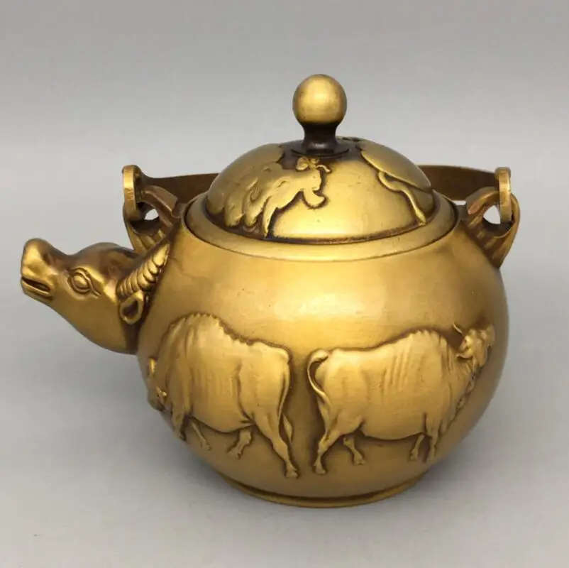 

China brass five cow teapot crafts statue