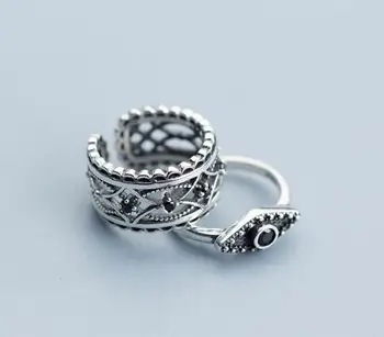 

Thail 1pc Silver 100% Authentic REAL.925 Sterling Silver Black CZ rhombus /Hollow Retro Partten Band wider Rings GTLJ1553