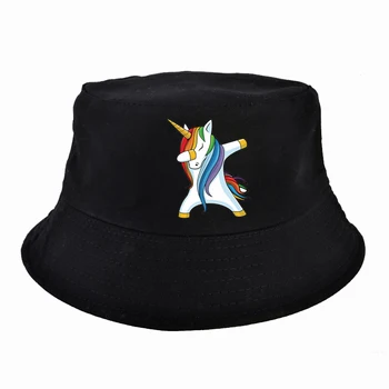 

Anime Dabbing Unicorn Print Women bucket hat Summer Women Flat top panama fisherman hat harajuku pop man fishing cap