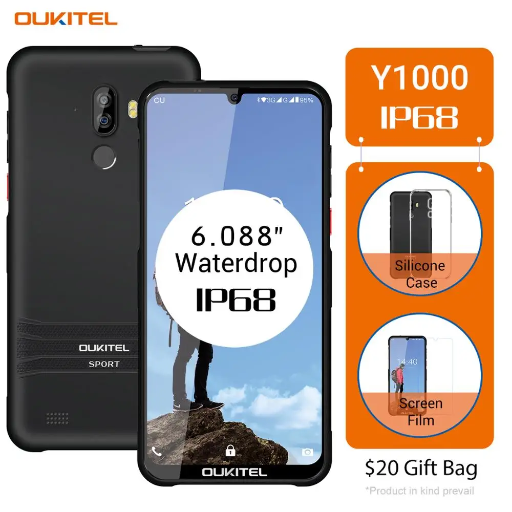 OUKITEL Y1000 6,088 "смартфон Android 9,0 IP68 в виде капли воды, 19,5: 9 MT6580P 2 Гб оперативной памяти, 32 Гб встроенной памяти, 3600 мА/ч, отпечаток пальца 5 V/1A