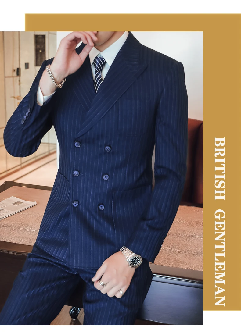 Plyesxale темно-синий полосатый костюм для мужчин Slim Fit мужской костюм Свадебные 3 шт. высокого качества мужские s двойные приталенные пиджаки 5XL Большие размеры Q703