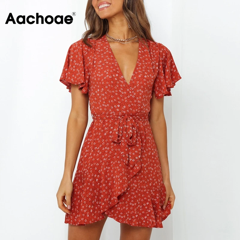 Aachoae Summer Women Floral Print Ruffle Mini Dresses 2020 Boho V Neck Wrap Dress Casual Short Sleeve Beach Sundress Vestidos Aachoae Summer Women Floral Print Ruffle Mini Dresses 2020 Boho V Neck Wrap Dress Casual Short Sleeve Beach Sundress Vestidos