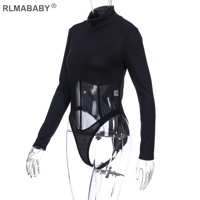 RLMABABY, с высоким воротом, с длинным рукавом, в сетку, в стиле пэчворк, сексуальный боди с длинным рукавом, комбинезон в обтяжку, Осень-зима, женский боди, Топ