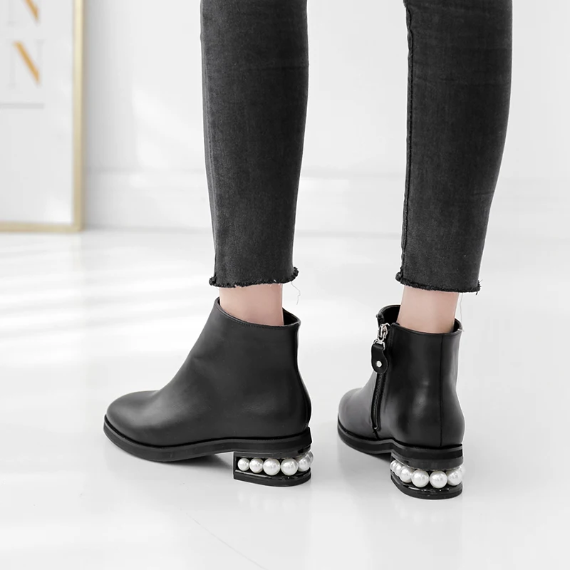 Ботинки martin на каблуке с жемчугом; черные женские ботинки на молнии с круглым носком; женские ботильоны на среднем каблуке