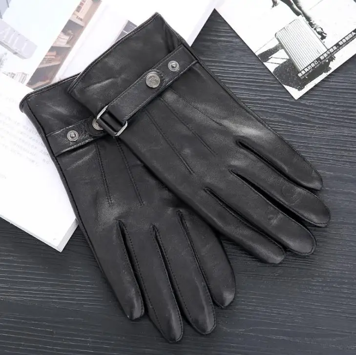 Мужские перчатки из натуральной кожи, перчатки из козьей кожи, роскошные кожаные зимние супер теплые перчатки из кашемира, утолщенные шерстяные перчатки - Цвет: buckle black
