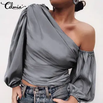 

Celmia Fashion Satin Blouse Women Off Shoulder Sexy Shirts 2020 Summer Asymmetrical Tops Casual Solid Elegant Pleated Blusas 5XL