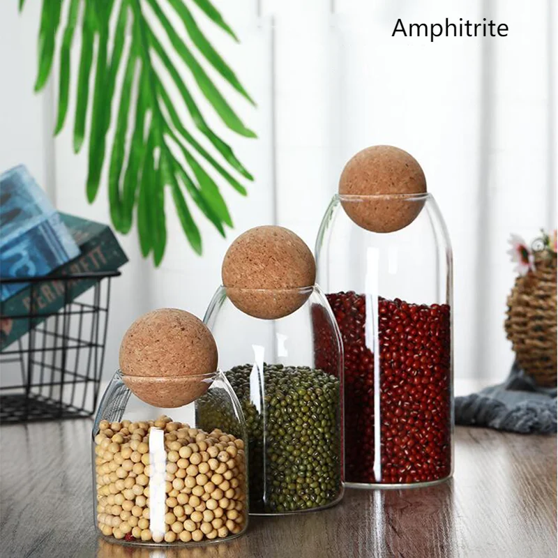 

Kitchen Glass Bottles Sealed Bottles With Round Ball Cork Cover Coffee Beans Transparent Storage Box Dried Grains Storage Jars