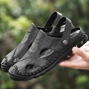 

2020 summer new sandals men's leather dual-use sandals men's summer soft bottom wear outdoor middle-aged dad beach shoes