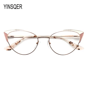 

YINSQER Prescription Glasses Women's Eyeglasses With Frame Myopia Clear Optical Female Eyewear Metal Cat Eye Round Fake Glasses