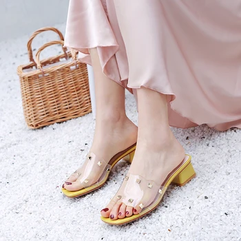 

2020 Summer Rivet Yellow White Women Sandals 5.5CM Block High Heels Mules Femme Shoes 11813ABX2282