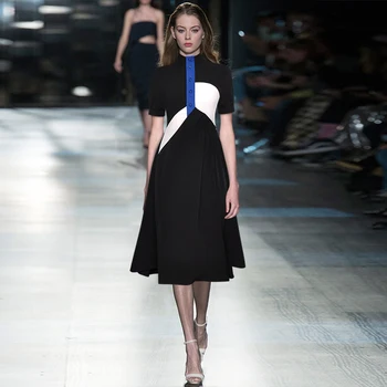 

Gedivoen High Street Ladies Dress Summer Short Sleeve Black Dress Female Patchwork Pleated Fashion Runway A Line Dresses