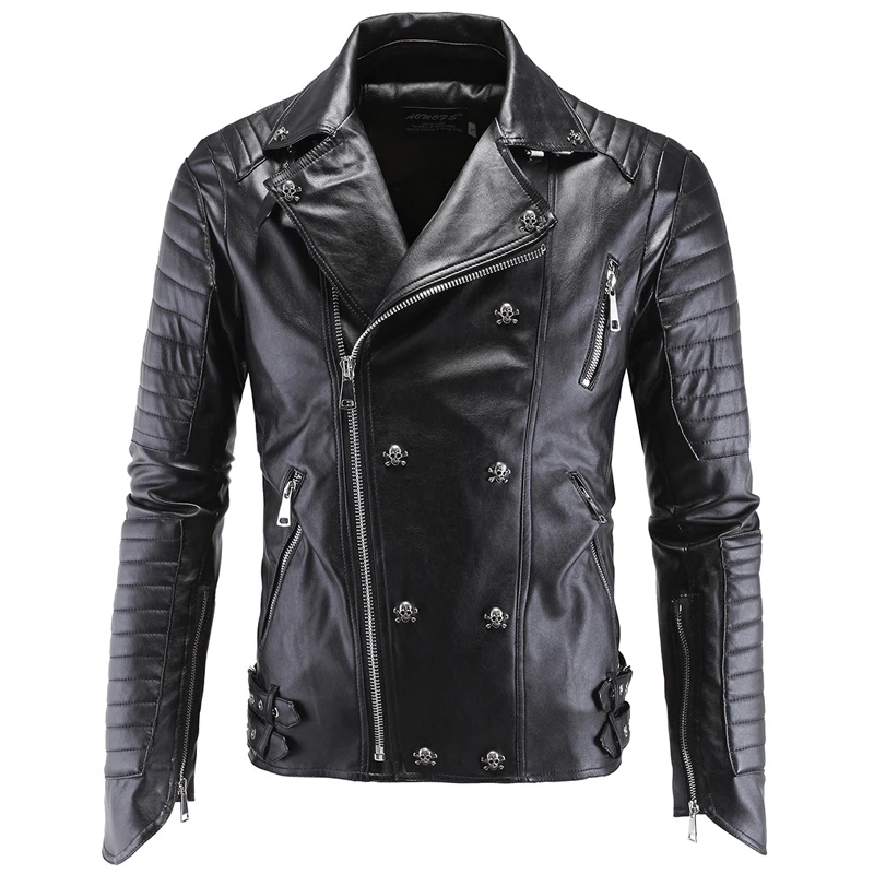 

2019 Automotive Mens Leather Jacket Coat Skulls Sequined Personality 5XL Winter Mans Leather Suede Coats PU Streetwear A866