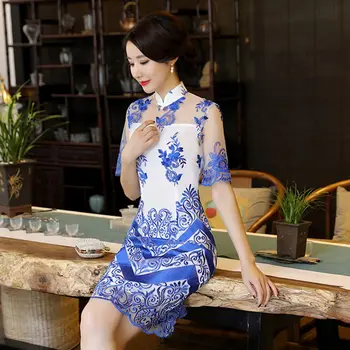 

Summer Mini Cheongsam Vintage Chinese Embroidery Short style Womens Qipao Elegant Slim Party Dress Vestido Size M L XL XXL XXXL