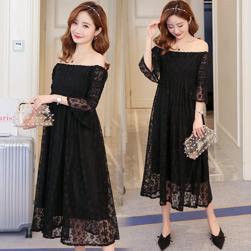 

Maternity Clothes Summer Wear Lace off-Shoulder 2018 Korean-style Long Short Sleeve Pregnant Women Dress Fashion Mom Skirt