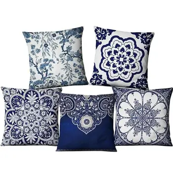 

Chinese Style Pillowcase 45-45cm Porcelain Linen Cushion Cover Sofa Chair Pillow Case