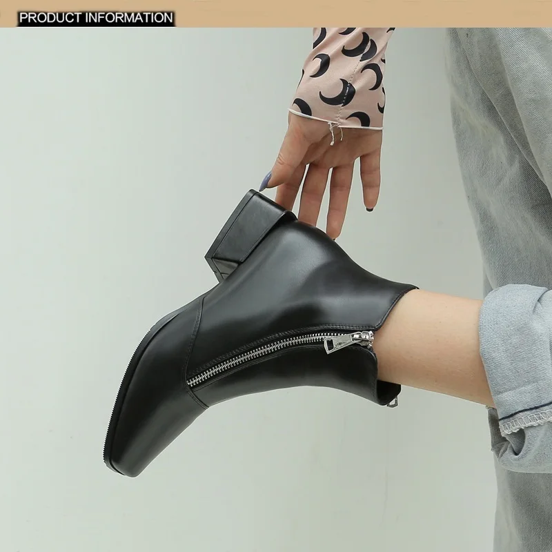 Individual design oblique zipper leather ankle boots fashion shoes woman high heels square toe autumn boots pumps booties mujer