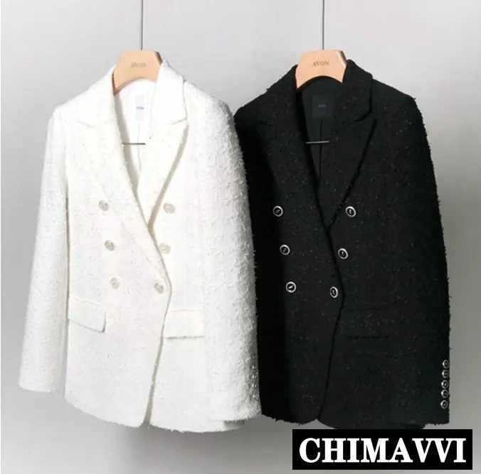 

Small Suit Jacket Female 2019 Spring Autumn Small Fragrant Double Breasted Tweed Blazer Jacket Women White and Black Suit Coat
