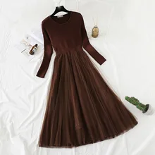 

Women Knit Dress Female spring 2021 new French styleO-Neck Long Sleeve Knitted Patchwork Mesh Female Elegant Fluffy Dress