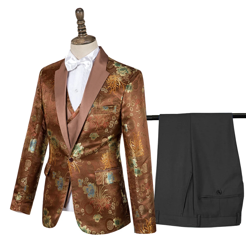 Suit 20 Свадебный серебряный костюм с цветочным принтом и птицами(пиджак+ брюки+ жилет), мужские смокинги с отворотом, вечерние костюмы для жениха, певицы, Homme - Цвет: Suit 20