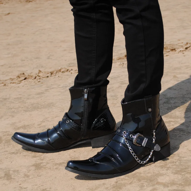 

Hip Hop British Chain Casual Men Fashion Ankle Motorcycle Rock Boots Pointed Toe Patent Leather Male Chelsea Boots Botas Hombre