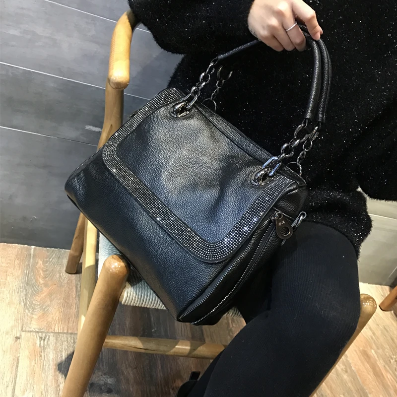 Diamond Inlaid Cowhide Handbag Large Capacity Soft Leather Single Shoulder Bag Simple European And American Style Women's Bag