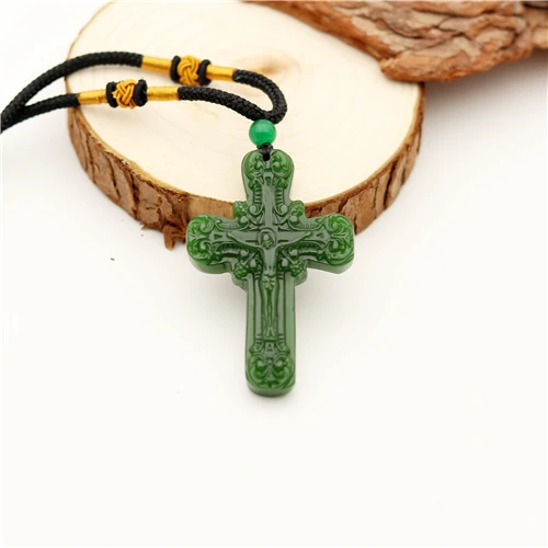Крест Иисуса резной нефритовый кулон натуральный китайский зеленый ожерелье Шарм жадеит ювелирные изделия Мода Счастливый амулет Подарки для женщин