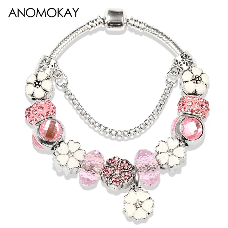 Pink Flower Bracelet Европейский и американский романтический белый розовый эмаль талисманы браслеты и браслеты для женщин Diy браслет ручной работы из бусин ювелирные изделия - Окраска металла: Pink Flower Bracelet