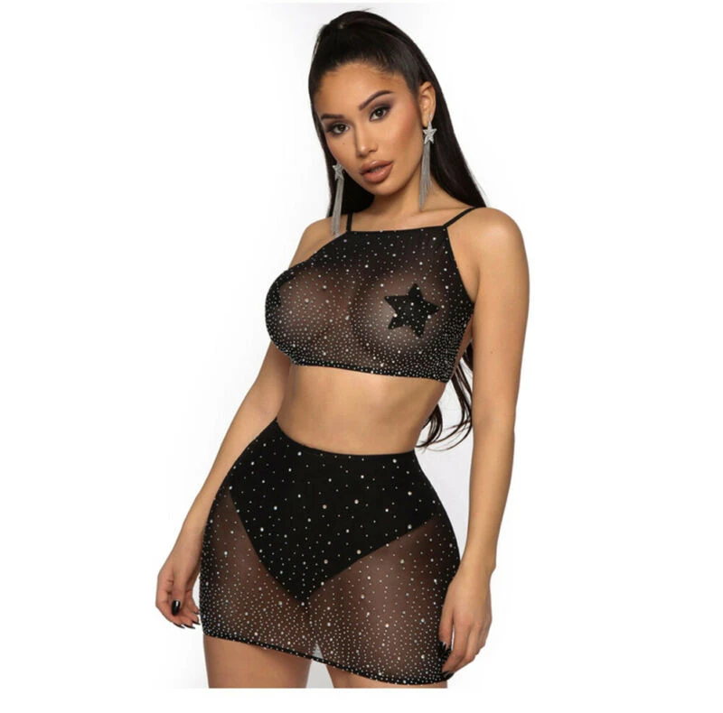 Newest Arrival Women's Sexy Mesh Bodycon Two Piece Tops Skirt Set Mesh Dress Party Clubwear Summer Cover-Ups bikini cover up skirt