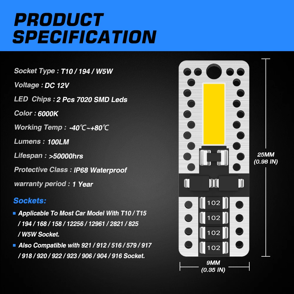 NOVSIGHT W5W 194 T10 LED  ڵ   7020 SMD LED   6000K 12V 100LM IP68 ڵ   ȣ 