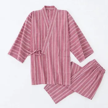 

Japanese Style Kimono Sleepwear Men Stripe Pattern Simplicity Cotton Comfortable Spring Summer Home Breathable Pajamas Set