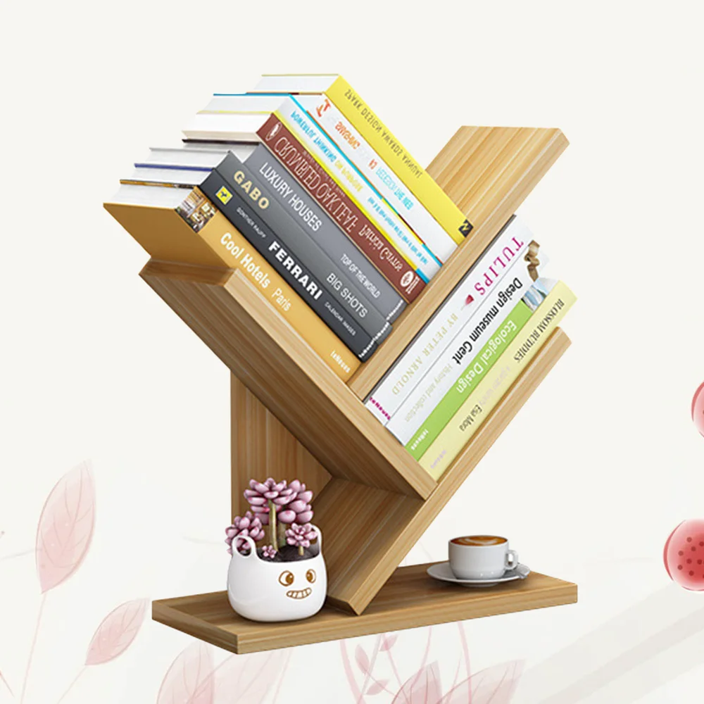 3 Layers Wooden Bookcases Tabletop Tree Bookshelf Small Desktop