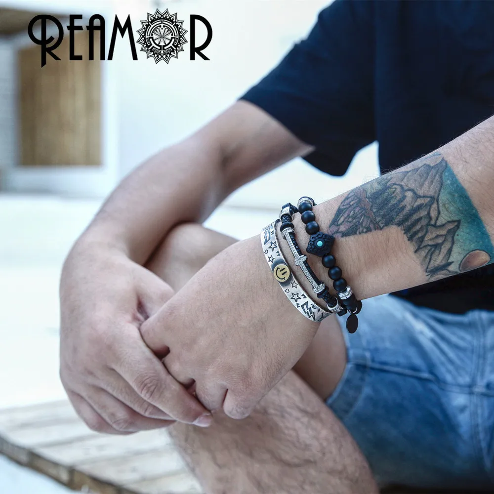 REAMOR Women& Men Matte Black Volcanic Onyx Beads Charm Bracelet Engraved Wooden Beaded Bracelets With Stainless steel Tags