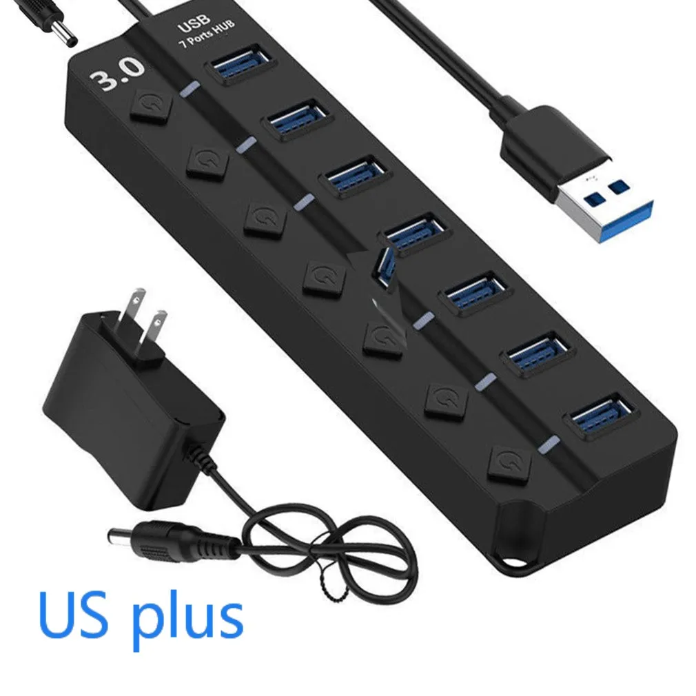 7 портов usb-хаб USB3.0 концентратор разветвитель вкл/выкл переключатель светодиодный индикатор с ЕС/США адаптер питания для ноутбука MacBook - Цвет: 7 Ports US Plug
