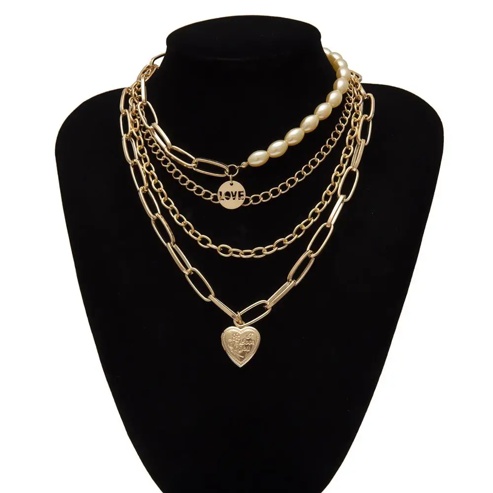 KMVEXO барокко жемчужная цепочка готическое многослойное ожерелье панк Золотое сердце любовь кулон колье ожерелье для женщин вечерние ювелирные изделия