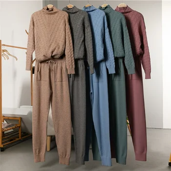 

FORERUN Knitted Suit Women Two Piece Outfits Turtleneck Sweater Set Winter Streetwear Pullover Tracksuit Chandal Mujer 2 Piezas