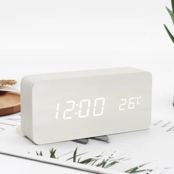 

LED Wooden Digital Alarm Clock Voice Control Temperature Display Backlight Electronic USB/AAA Powered Clock Table For Home Decor