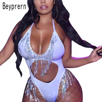 

Beyprern Glitter Sequins Fringe White Bodysuit Summer Womens Sexy Cut Out Swimwear Festival Sequins Short Jumpsuit Beach Wear