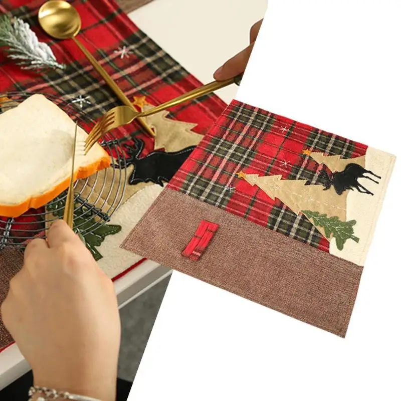 Dining Table Mats Rectangle Placemat Christmas Elk Small Tree Pattern Heat Resistant Plaid Tablecloth Festival Decoration